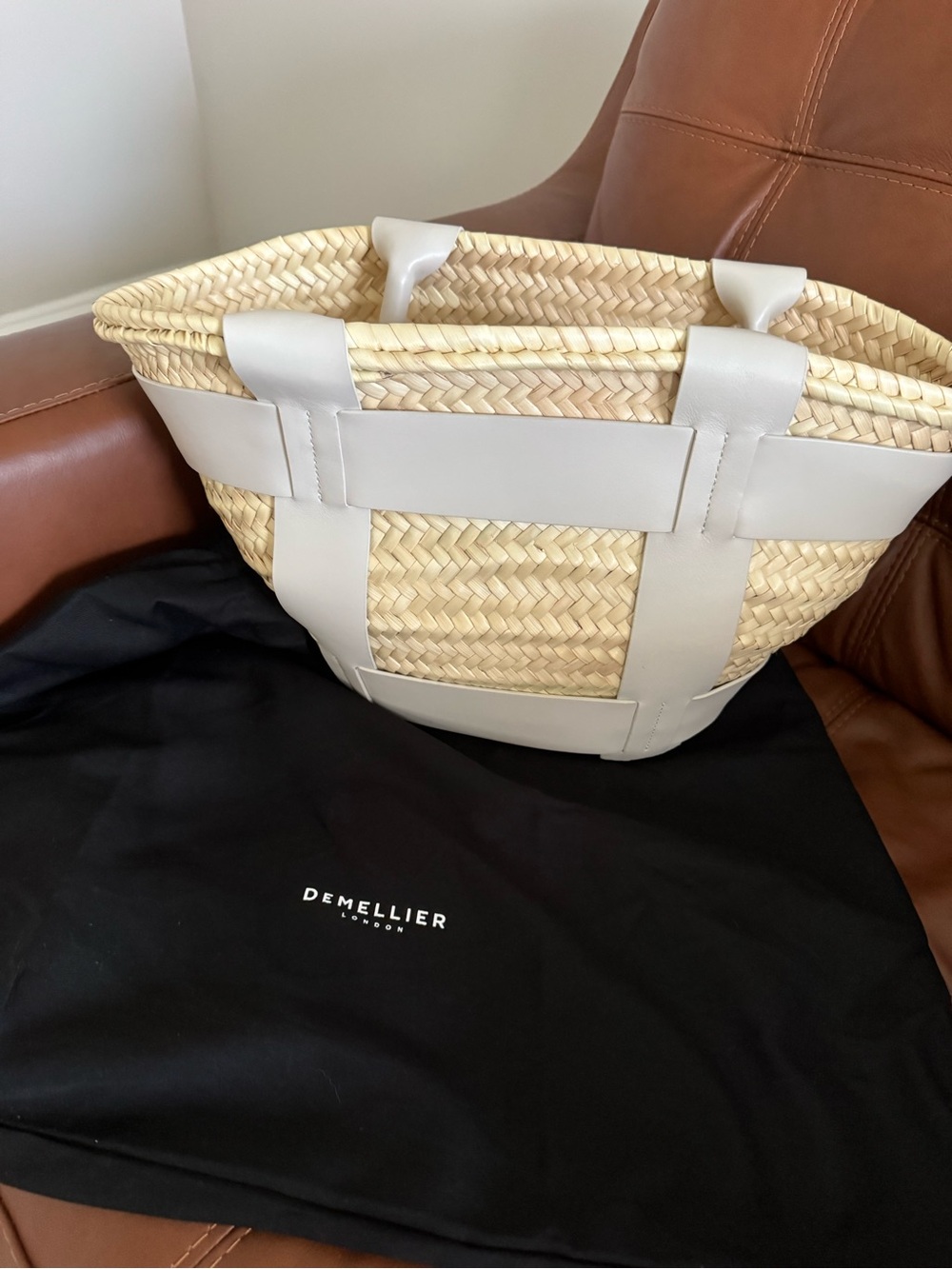 DeMellier Natural Straw Tote with Off White Leather Trim - Picture 2 of 6